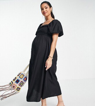 New Look Maternity puff sleeve shirred midi dress in black