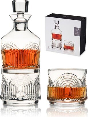 Beau Stacking Decanter Set with Lowball Glasses - Crystal Decanter and Glasses for Whiskey - Art Deco Cocktail Glasses Whiskey Decanter Set of 3