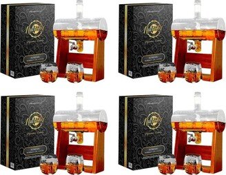 NCGDS08 Home Bar 1100ml Glass Barrel Whiskey and Wine Carafe Alcohol Decanter Set with Spigot, Stopper and Glasses (4 Pack)