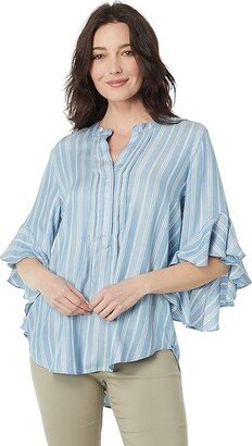 Ruffle Sleeve Pin Tuck Blouse (Dusty Blue) Women's Blouse