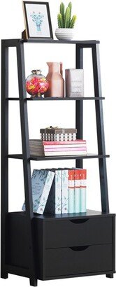 4-Tier Ladder Shelf Bookshelf Bookcase Storage Display Leaning With 2 Drawers