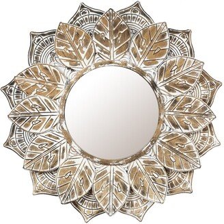 Distressed Brown and White Leaf Wreath Metal Frame Wall Mirror - 31.5 Diameter