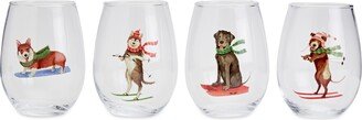 Furry Christmas Dog Stemless Wine Glasses, Set of 4