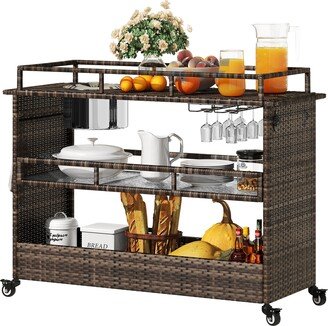 Moasis Outdoor Wicker Bar Cart with Ice Bucket and Wheels