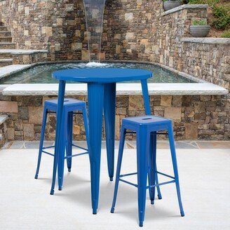 30'' Round Metal Indoor-Outdoor Bar Table Set with 2 Square Seat Backless Stools - 30W x 30D x 41H