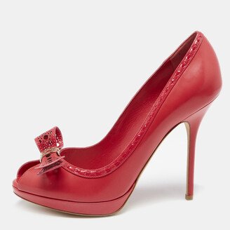 Imperial Red Cannage Leather Peep Toe Bow Detail Platform Pumps Size 40.5