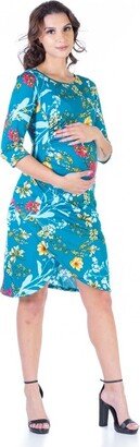 24seven Comfort Apparel Floral Elbow Sleeve Knee Length Masternity Dress-BLUE MULTI-XL