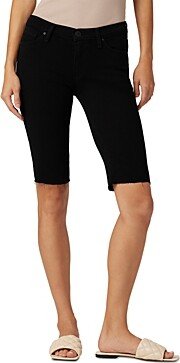 Amelia Mid Rise Frayed Denim Bermuda Shorts in Black