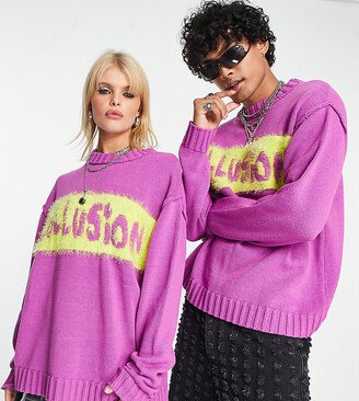 Unisex knit branded front print crewneck in bright pink