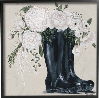 White Flower Arrangement in Black Boots Painting Black Framed Giclee Texturized Art, 12 x 12