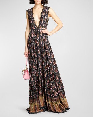 Engineer New Paisley Printed V-Neck Gown