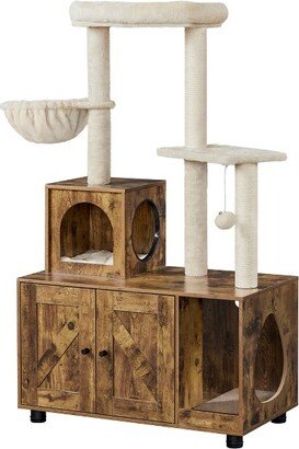 Wooden Litter Box Enclosure with Cat Tree Tower, Rustic Brown/Beige