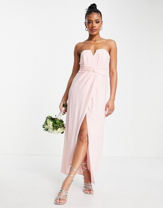 Bridesmaid bandeau wrap maxi dress with bow back in whisper pink