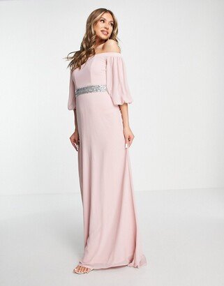 Bridesmaid Bardot chiffon maxi dress with embellished waist in mauve