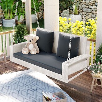 Outdoor White Wicker 2-Person Hanging Seat with Grey Cushion