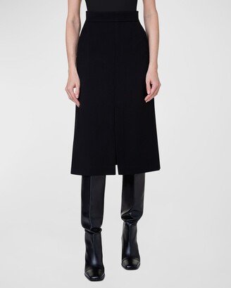 Slit-Hem Wool Tricotine A-Line Midi Skirt