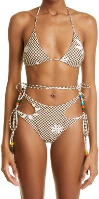 Beaded Checkerboard Print Cutout Two-Piece Swimsuit