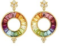 18K Yellow Gold High Color Wheel Halo Drop Earrings with Rainbow Gemstones & Diamonds