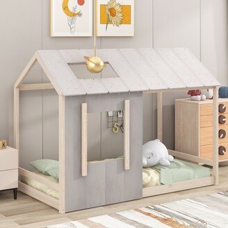 Calnod Twin Size Pine House Shaped Platform with Roof & Window - Solid Wood Slat Support - Lovely Area for Toddler & Kids' Bedroom