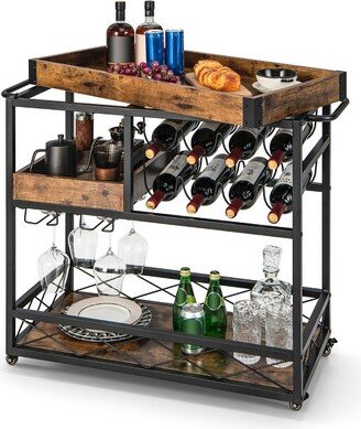 3-Tier Mobile Bar Serving Cart Liquor Storage Trolley with Removable Tray Wine Rack