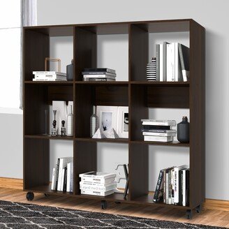 52.6 Inch Wooden Bookcase with 9 Open Compartments and Casters, Walnut Brown