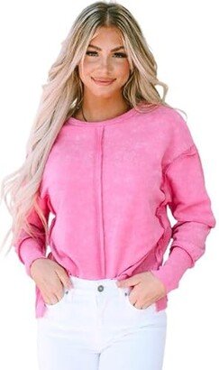 Threaded Pear Rory Exposed Seamed High Low Raw Edge Sweatshirt - Women's Long Sleeve Pullover Sweatshirt - Rose