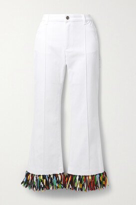 Embellished Fringed Silk-trimmed Stretch-cotton Drill Straight-leg Pants - White