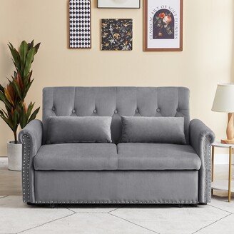 EYIW 55'' Velvet Upholstered Convertible Loveseat Sleeper Sofa with 2 Lumbar Pillows, Pull-Out Bed and Adjustable Backrest