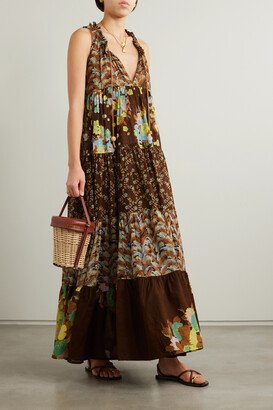 Net Sustain Tie-detailed Tiered Floral-print Cotton-voile Maxi Dress - Brown