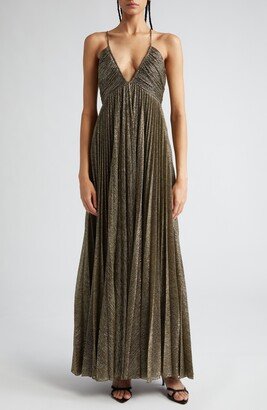 Angelina Pleated Metallic Maxi Dress