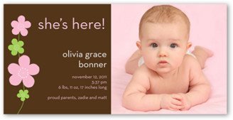 Baby Girl Birth Announcements: Flower Power Pink Birth Announcement, Brown, Standard Smooth Cardstock, Square