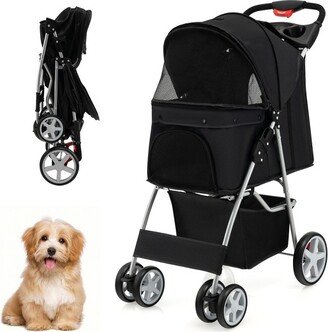 Folding Pet Stroller 4-Wheel Pet Travel Carrier w/Storage Basket Black