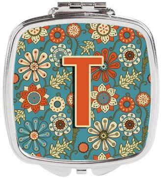 CJ2012-TSCM Letter T Flowers Retro Blue Compact Mirror