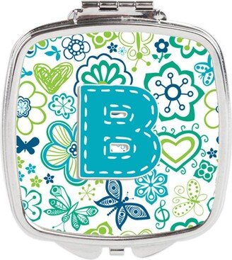 CJ2006-BSCM Letter B Flowers & Butterflies Teal Blue Compact Mirror