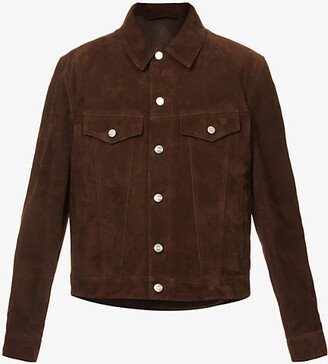 Mens Brown Collared Regular-fit Suede Jacket