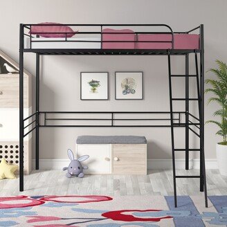 Calnod Twin Size Metal Loft Bed Frame with Stairs, Safety Side Rail, and 72