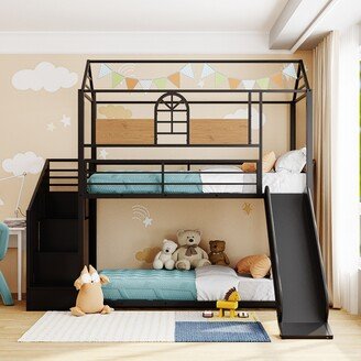 IGEMAN Twin over Twin Metal Bunk Bed, Metal Housebed with Slide and Storage Stair, Black