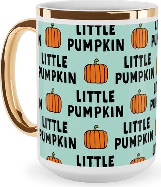 Mugs: Little Pumpkin - Halloween - Aqua Ceramic Mug, Gold Handle, 15Oz, Green