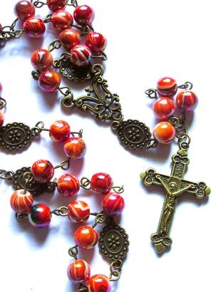 Acrylic Marbled Red & Orange Lutheran Rosary, Lightweight Larger Beads, 78