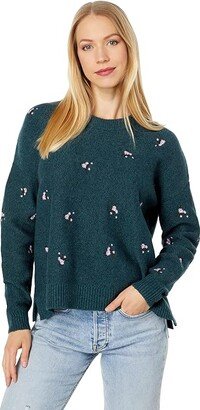 Embroidered Cross-Stitch Floral Pullover Sweater (Heather Spruce) Women's Clothing