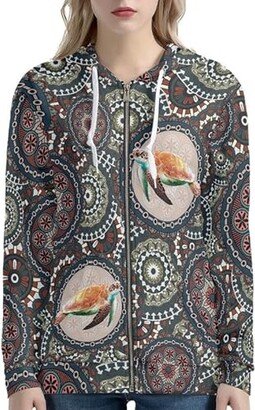 Irisjudy Ethnic Boho Turtle Womens Zip Up Hoodies Jacket Ethnic Bohemia Hooded Zipper Sweatshirt
