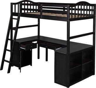 IGEMAN Twin size Wooden Loft Bed with Drawers, Cabinet, Shelves and Study Writting Desk, Espresso