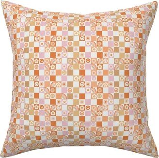 Pillows: Retro Checkerboard - Daisy, Smile, Happy - Pink Orange Pillow, Woven, Beige, 16X16, Single Sided, Orange