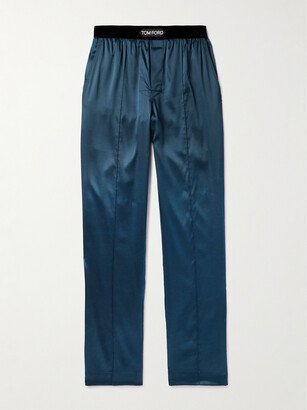 Velvet-Trimmed Stretch-Silk Satin Pyjama Trousers-AC