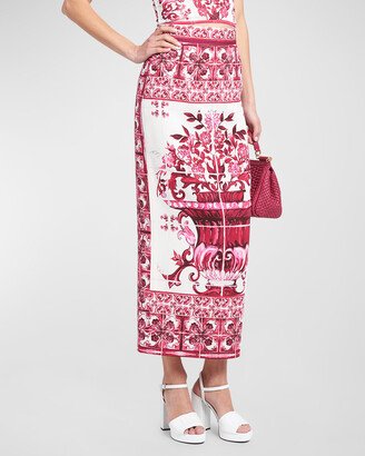 Majolica-Print Straight Maxi Skirt