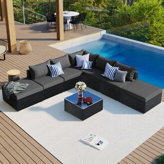 Calnod 8-Pieces Outdoor Patio Furniture Sets for 5-8, Garden Sofa Set with 1 Corner Sofa, 4 Single Sofas, 2 Ottomans & 1 Coffee Table.