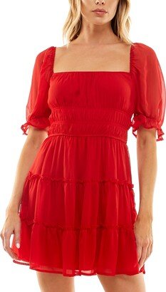 Juniors' Ruched-Waist Tiered Chiffon Fit & Flare Dress