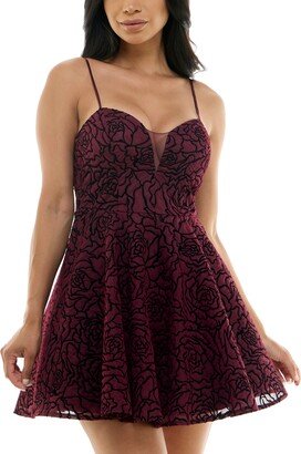 Juniors' Velvet Flocked Adjustable-Strap Mesh Fit & Flare Dress - Wine/black