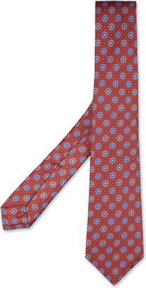 Red Silk Tie With Micro Yellow And Light Blue Flowers