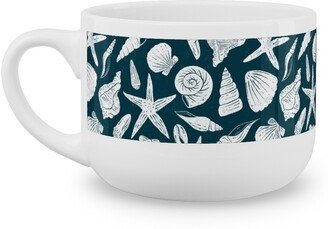 Mugs: Textured Ocean Seashells - Dark Blue And Cream Latte Mug, White, 25Oz, Blue